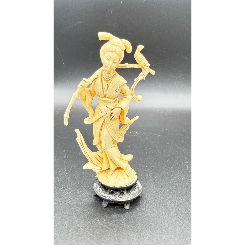 Vintage Chinese Maiden Figurine Faux Ivory Carved Statue with Bird 6 Inch